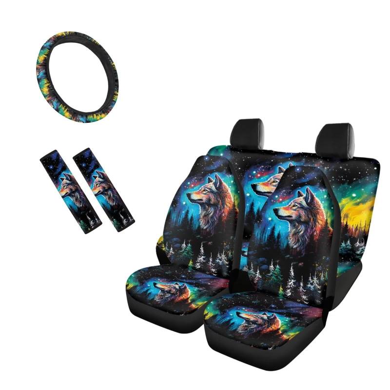 Belidome Galaxy Wolf Autositzbezüge, komplettes Set für Damen und Herren, Lenkradbezug, Gurtpolster, Kissen, Auto-Innendekoration von Belidome