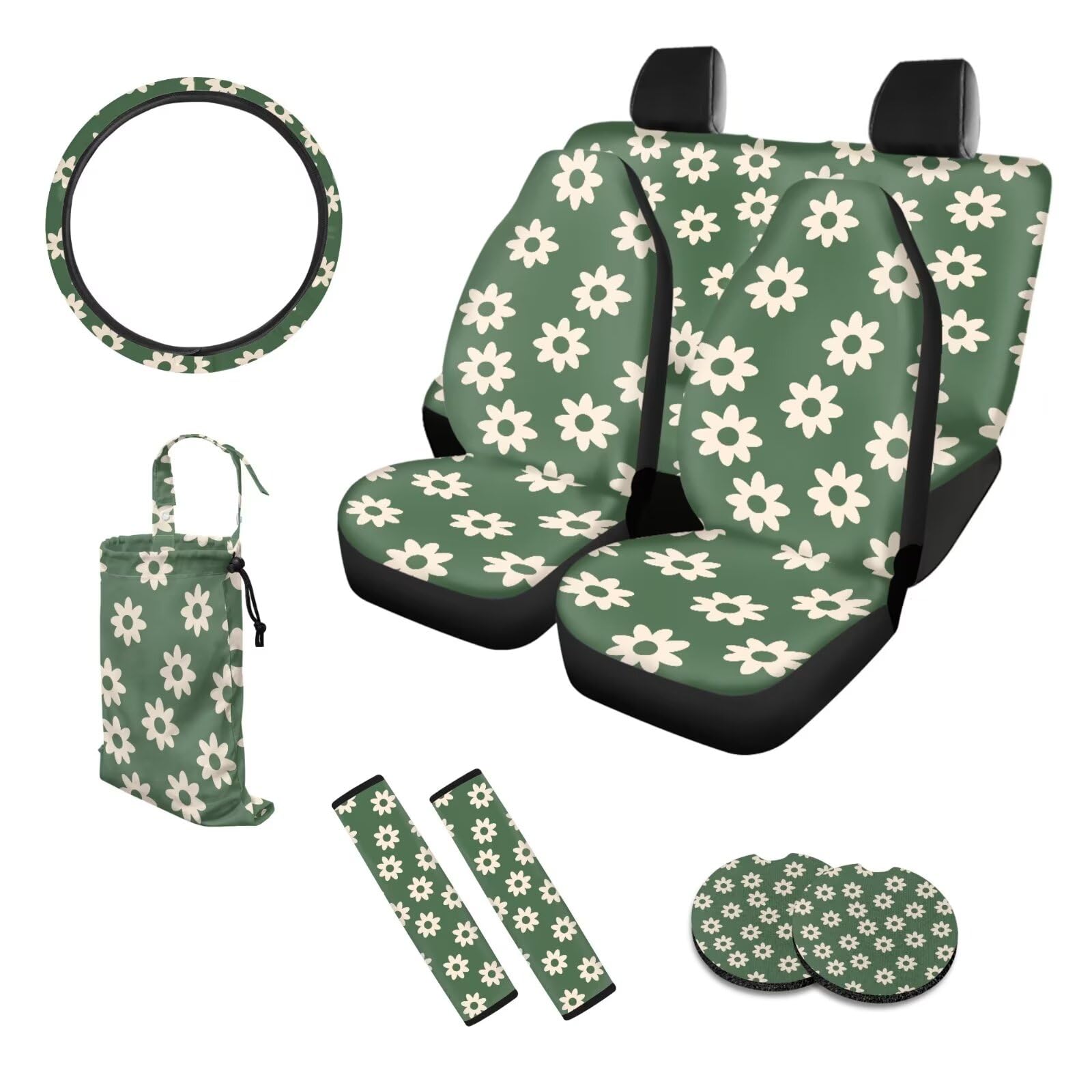 Belidome Groovy Autositzbezüge mit Blumenmuster, komplettes Set für Damen, Müllsack, Lenkradbezug, Untersetzer, Sicherheitsgurtpolster, 10 Stück, universelle Passform für Auto, SUV, LKW von Belidome