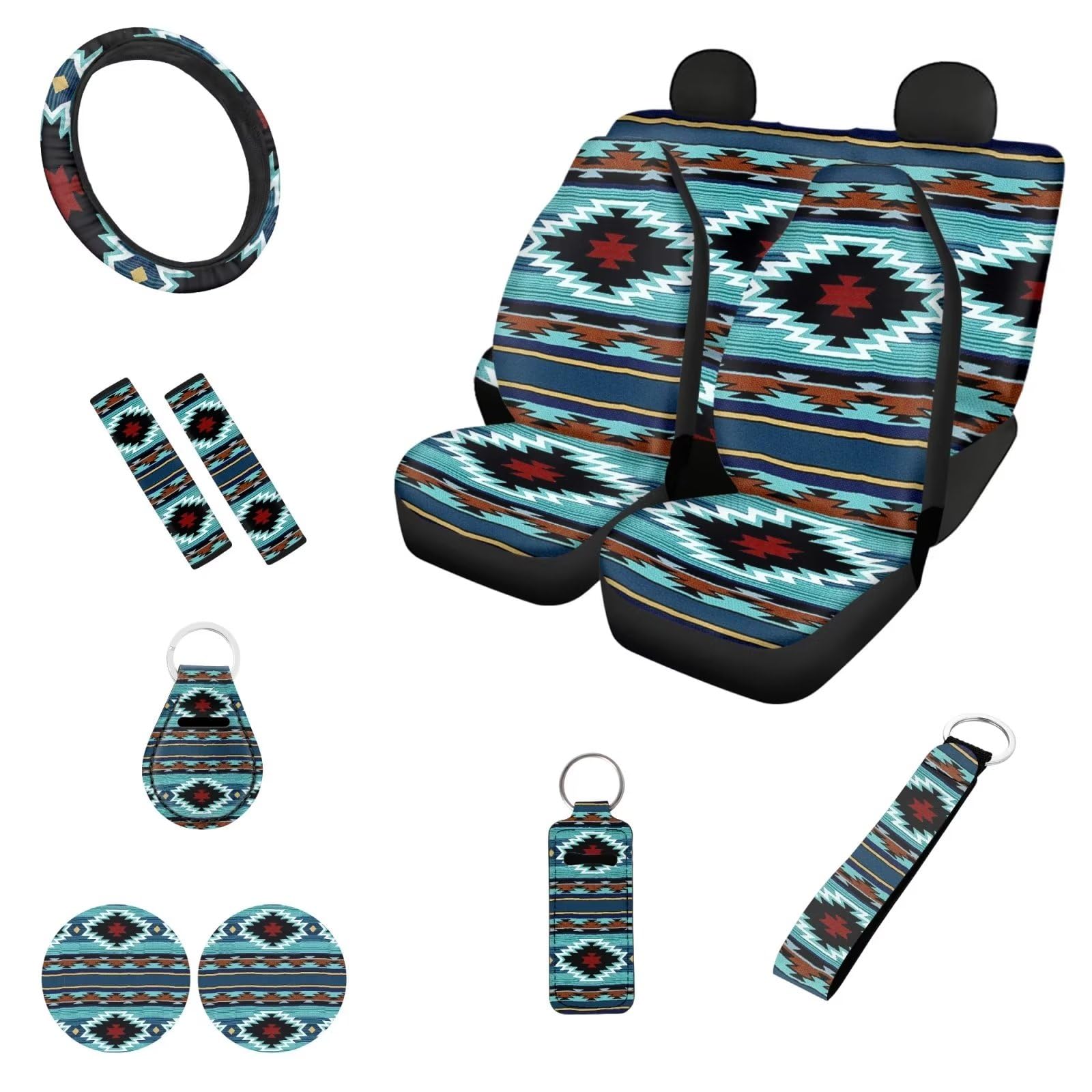 Belidome Southwest Aztec Tribal Auto Zubehör Set von 12 Stück Auto Sitzbezug Lenkradschoner Sicherheitsgurt Abdeckung Chapstick Schlüsselanhänger Halter Cup Coaster Universal Fit, Einheitsgröße von Belidome