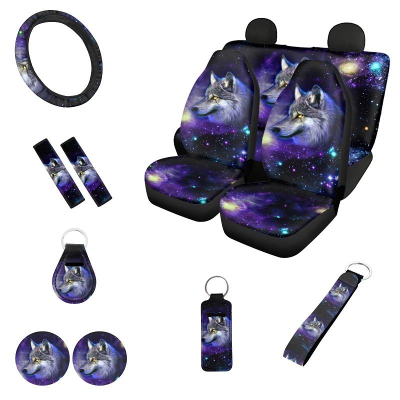 Belidome Wolf Blue Galaxy Stars Auto Zubehör Set für Frauen mit Lenkradbezug Sitzbezug Sicherheitsgurtpolster Chapstick Halter Untersetzer Schlüsselanhänger von Belidome