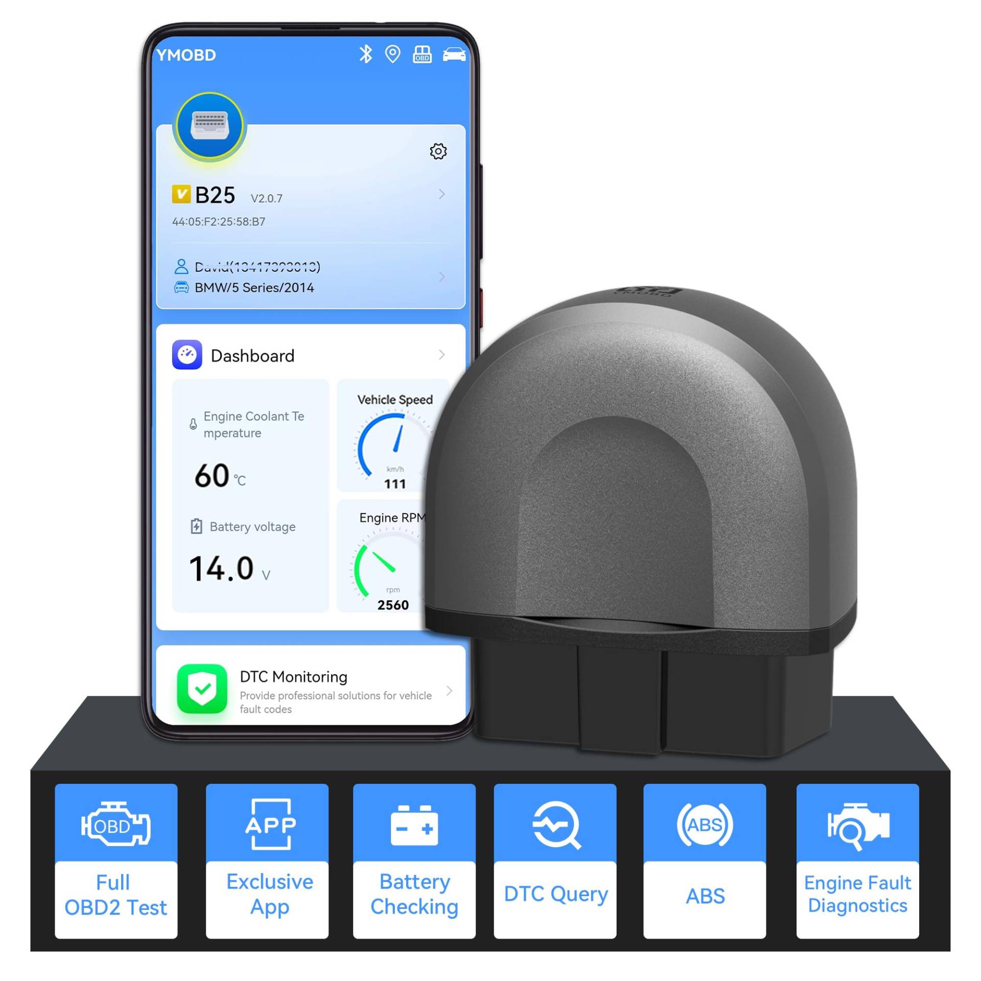 BellaGesundheit OBD2 Bluetooth Adapter, OBD2 Diagnosegerät mit Allen Systemdiagnosen, Auto Fehler Reader OBD-II Diagnosewerkzeuge für iOS und Android von BellaGesundheit