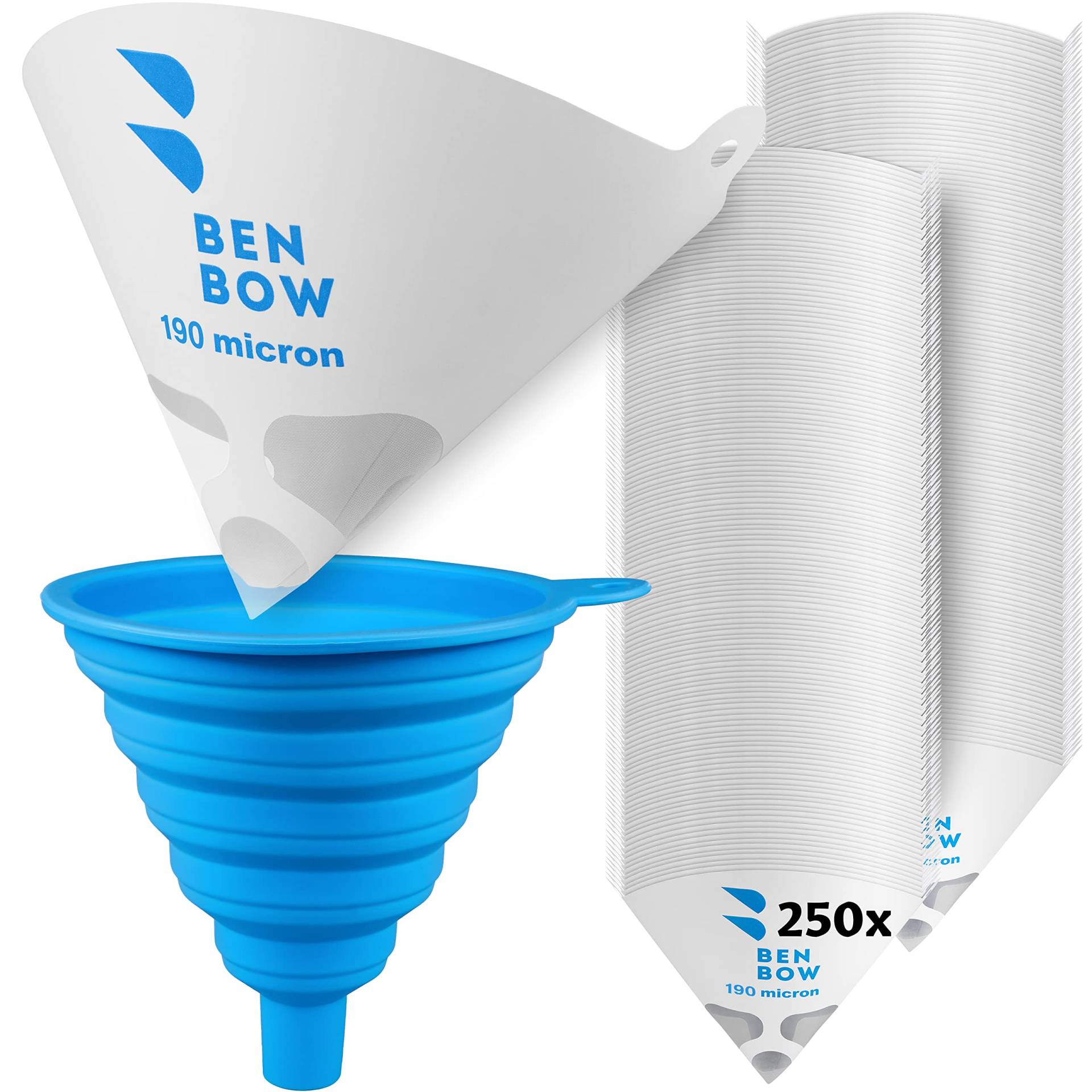 BenBow Lacksieb 190µ x250 Stück - Einweg-Papierfilter mit Nylongewebe und praktischer Silikontrichter - zum Filtern von Lacken und Farben vor Verunreinigungen von BenBow