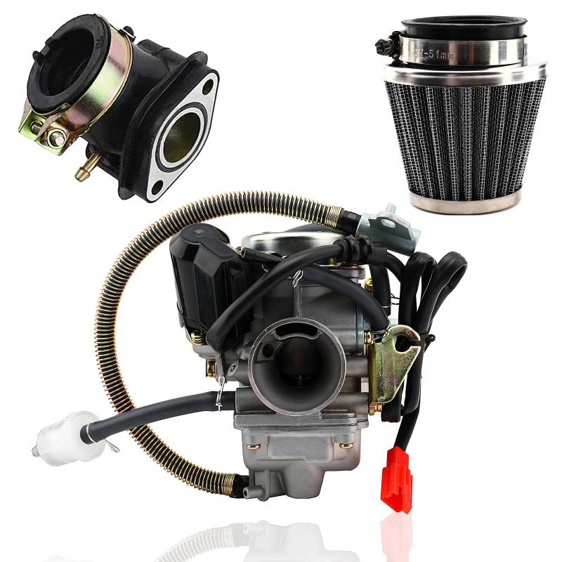 BenTsD Kompatibel mit GY6 152QMJ Vergaser für 25ccm 150ccm 4-Takt-Motoren 157QMI Elektro-Choke Motorrad-Roller mit Ansaugkrümmer-Luftfilter-Sets von BenTsD