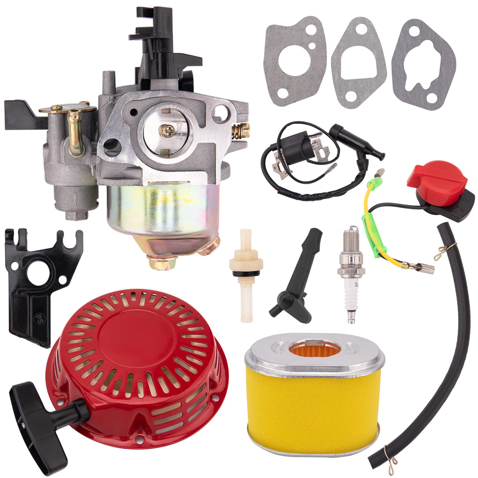 BenTsD Kompatibel mit Vergaser für Honda GX120 GX140 GX160 GX168 GX200 5 PS 5,5 PS 6,5 PS Motor mit Rückstoßstarter + Zündspule + Luftfilter-Tune-Up-Kit von BenTsD