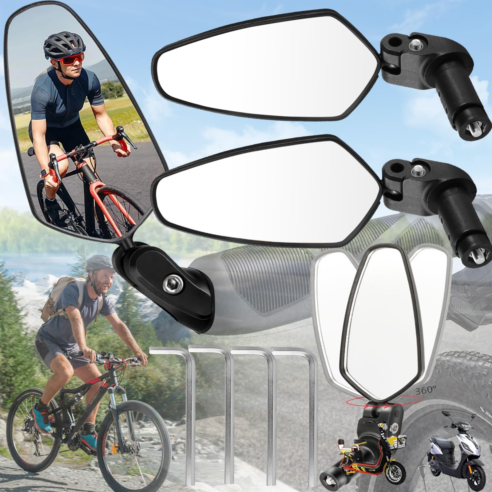 Benaton 2 Stück HD 360° Fahrrad Rückspiegel, Mountainbike Fahrradspiegel HD, Drehbar Lenker Spiegel, Fahrradspiegel E-Bike, Verstellbarer 360°-Fahrradspiegel, 18–22 mm(4 x Inbusschlüssel) von Benaton