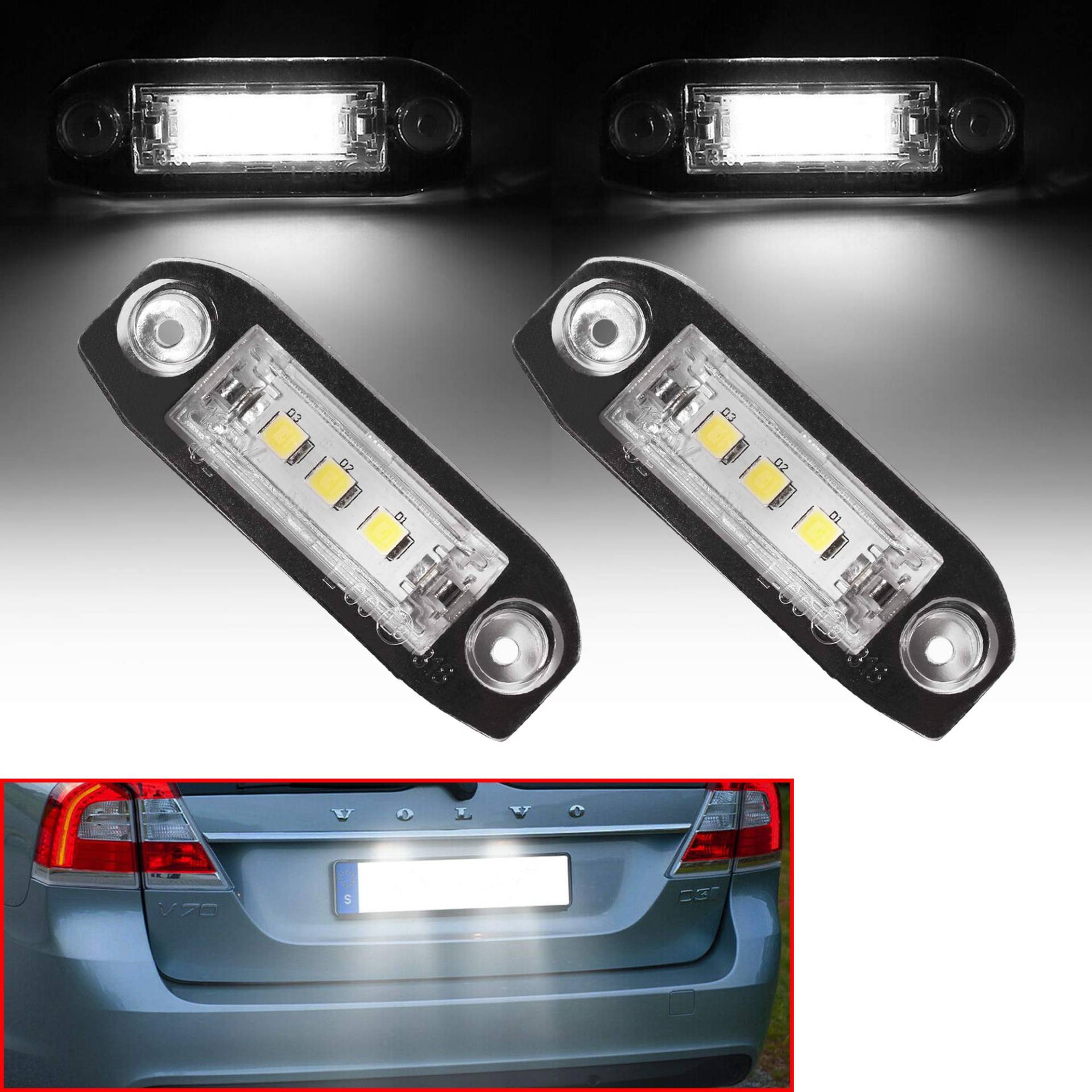 Beneges 2 Stücke Fehlerfrei Xenon Lampe Weiß LED Nummernschild Licht Kompatibel mit 2003-2015 Volvo C70 S40 S60 S80 V50 V60 V70 XC60 XC70 XC90 Hintere Nummernschild Lichter 31253006, VO2870100 von Beneges