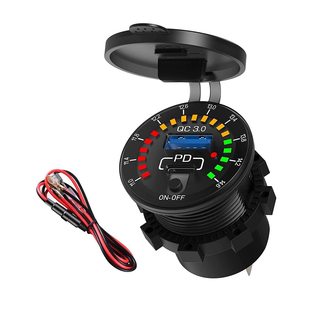 Benssey QC 3.0 Dual USB Autoladegerät, wasserdichte USB PD Steckdose, Schnellladung mit LED-Voltmeter An/Aus Schalter für Auto Motorrad von Benssey