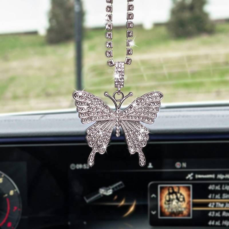 Schmetterling Bling Auto Anhänger Für Spiegel, Auto Accessoires Innenraum Rückspiegel Anhänger, Autospiegel-Hängedekoration (Silber) von Benust