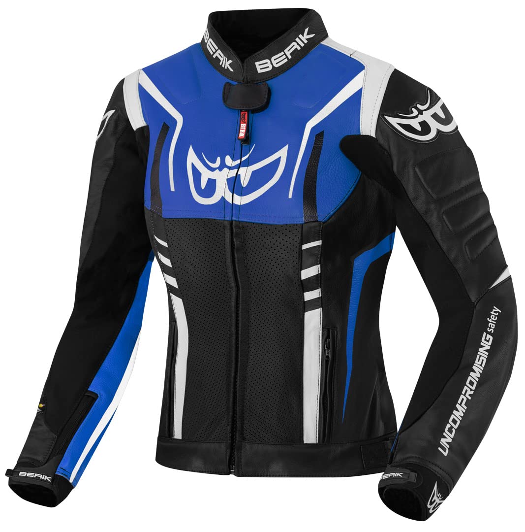 Berik Striper Damen Motorrad Lederjacke, schwarz/weiß/blau, 42 von Berik