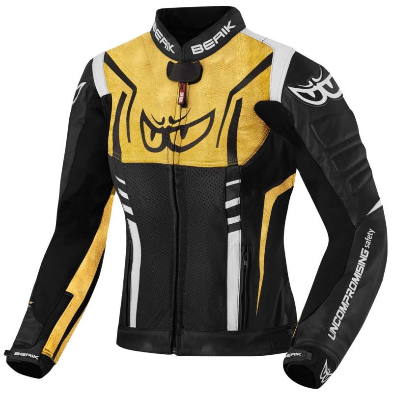 Berik Striper Damen Motorrad Lederjacke, schwarz/weiß/gold, 38 von Berik