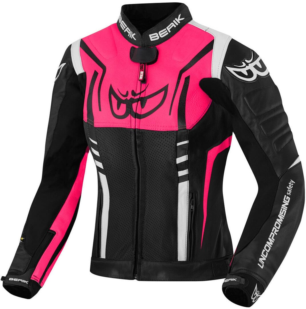 Berik Striper Damen Motorrad Lederjacke, schwarz/weiß/pink, 44 von Berik