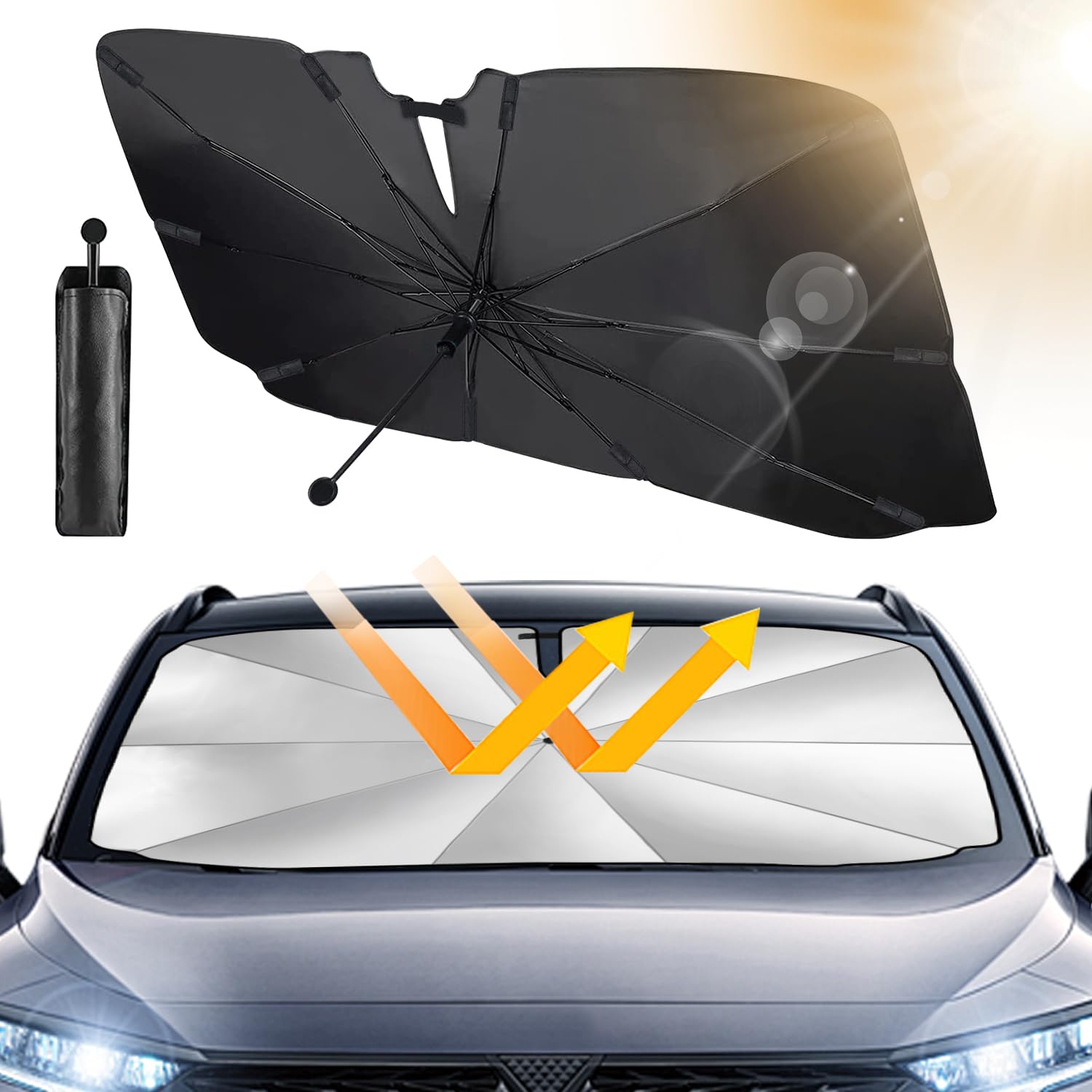 Beshine Sonnenschutz Auto Frontscheibe, 2024 Upgrade 360° Drehbar Faltbar Auto-Sonnenschirm - Neues Carbonfaser-Skelett, Einfache Lagerung, für meisten Auto & SUV (145 x 83cm) von Beshine