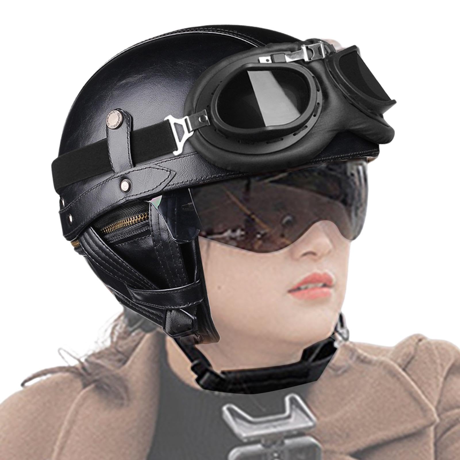 Besreey Vintage Motorradhelme,Retro-Helme für Motorräder | Atmungsaktive Rollerhelme | Vintage Motorradhelme, Lederhelme für Erwachsene mit Schutzbrille von Besreey