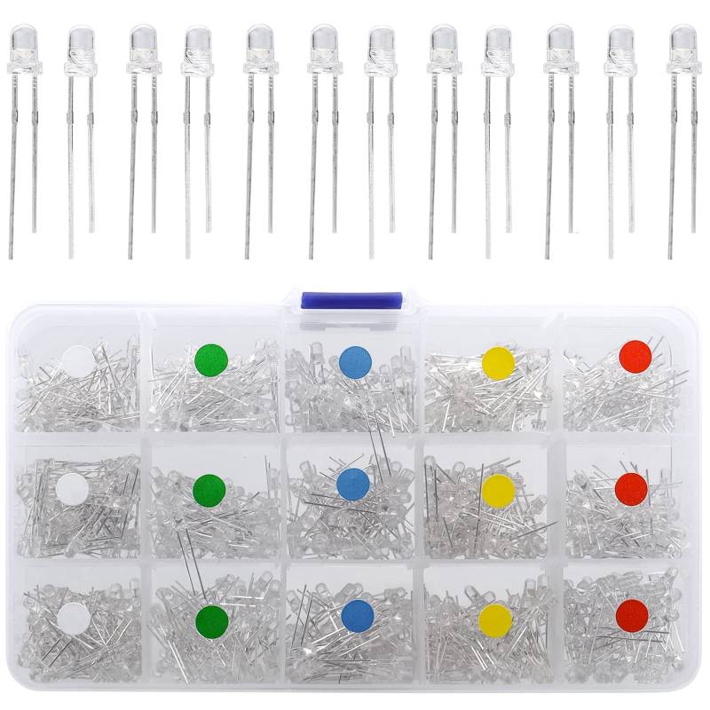 Bestgle 3mm led leuchtdiode extra hell weiße diode 2 pin leds transparenter rundkopf led leuchtdiode hohe helligkeit led klare 750 stück glatte zylindrische konkave oberfläche 5 farben kit box set von Bestgle