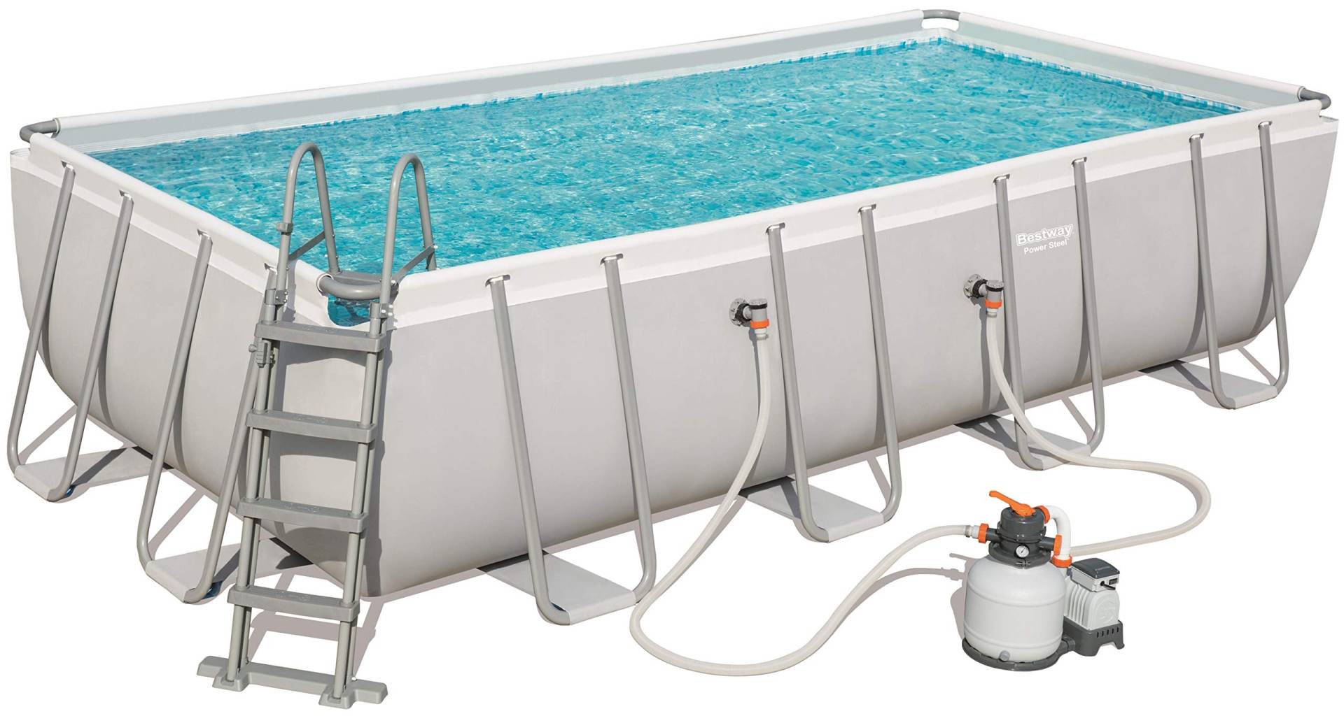 Bestway Power Steel Rectangular Frame Pool Set, viereckig 549x274x122 cm Stahlrahmenpool-Set mit Sandfilteranlage + Zubehör, grau von Bestway