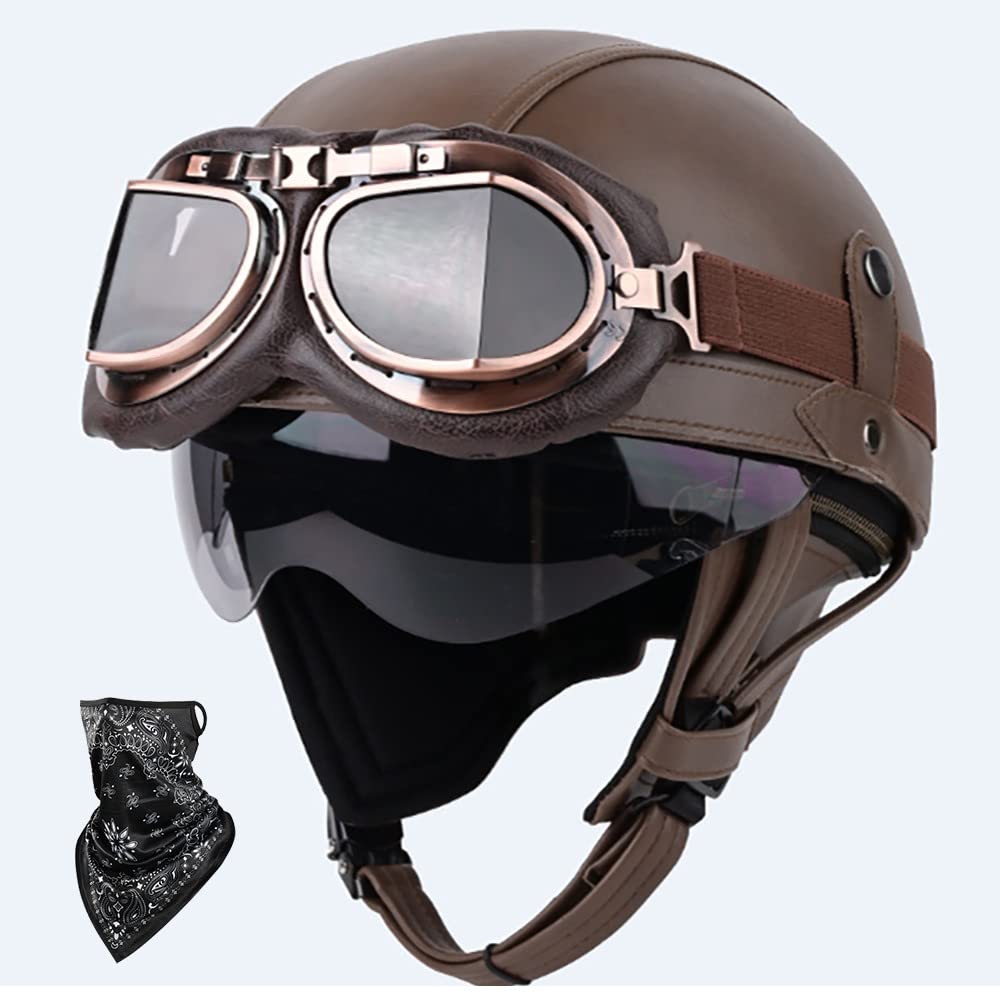 DOT/ECE Genehmigt Leder Halbschalenhelm, Retro Motorrad Halbhelm mit Brille, Schnellverschluss Schnalle, Erwachsene Halbschale Jet-Helm, Scooter-Helm, für Cruiser, Scooter(55~62CM) von Beyswage