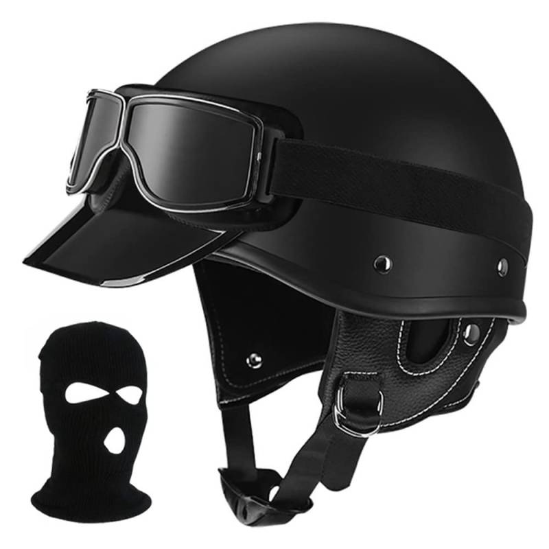 Halbhelm im Retro-Stil für Erwachsene, mit Einstellbar Schnellverschluss-Gurt, Anti-Collision Helm mit ECE Zertifiziert, Offener Helm mit Brille, für Moped Cruiser Biker (55~64CM) von Beyswage