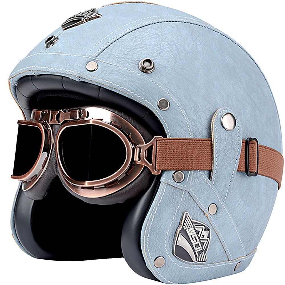 Halbschalenhelm Leder Jethelm, 3/4-Vintage-Pilot-Halbhelm mit Brille, ECE-zugelassen für Damen Und Herren, Open Face Leder-Helm Winddichter Motorrad Roller Helm von Beyswage