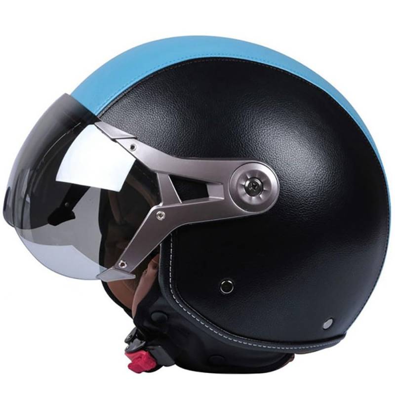 Jethelm mit Sonnenblende, Retro Motorradhelm Leder mit 7-Absätze-Sicherheitsschnalle, ECE 22.06 Zertifiziert, Motorradkreuzer-Rollerhelm im Deutschen Stil (57-62cm) von Beyswage