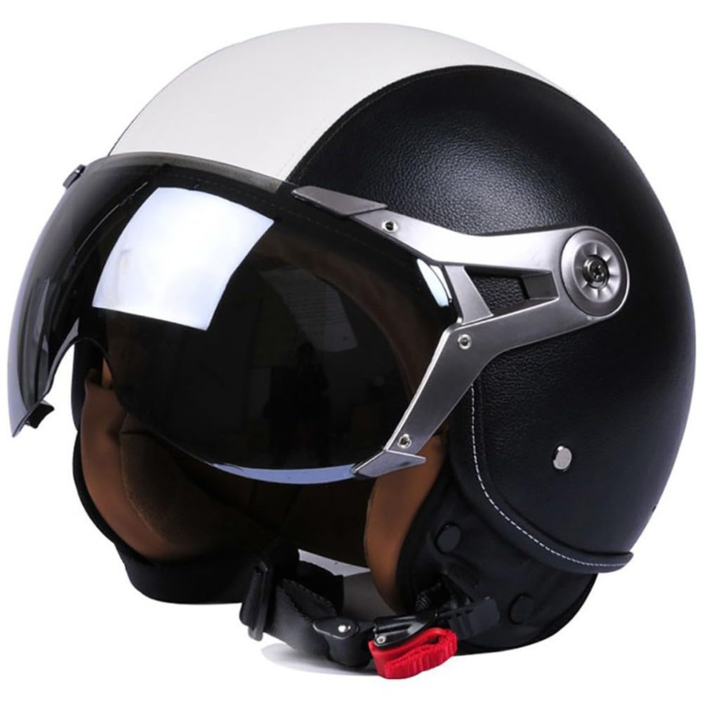 Jethelm mit Sonnenblende, Retro Motorradhelm Leder mit 7-Absätze-Sicherheitsschnalle, ECE 22.06 Zertifiziert, Motorradkreuzer-Rollerhelm im Deutschen Stil (57-62cm) von Beyswage