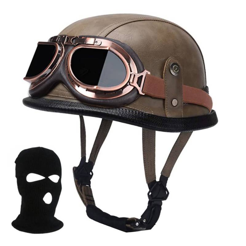 Motorrad-Helm Halbschalenhem mit ECE Jet-Helm Offener Helm mit Schutzbrille mit Einstellbar Schnellverschluss-Gurt Sturzhelm für Herren Damen für Moped Cruiser Biker (57~62CM) von Beyswage