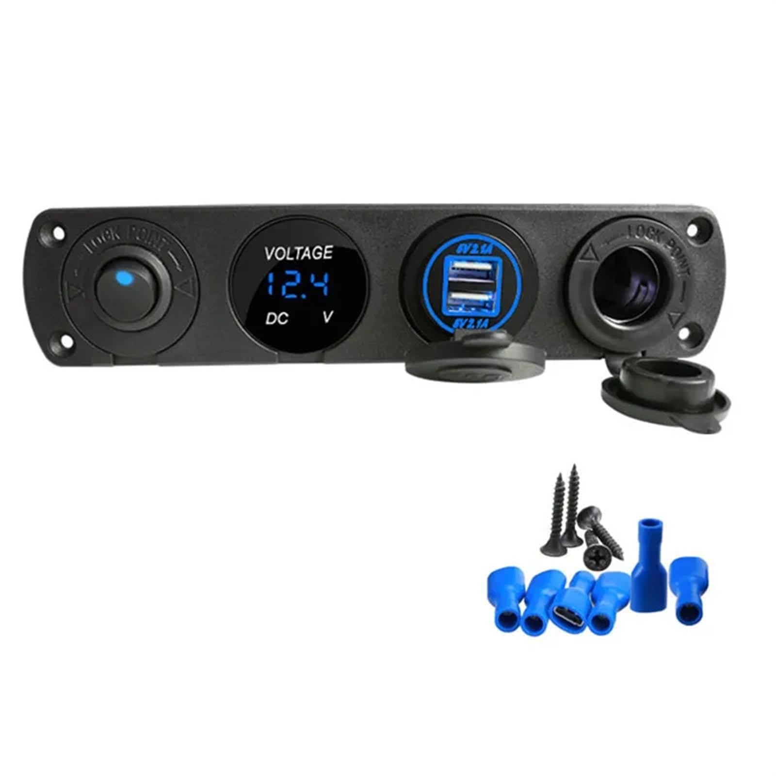 4-in-1-Auto-Zigarettenanzünder mit Wippschalter, 12-V-Steckdose, Dual-USB-Ladegerät, staubdicht, wasserdicht, digitales Voltmeter(Blue) von Bieqiair