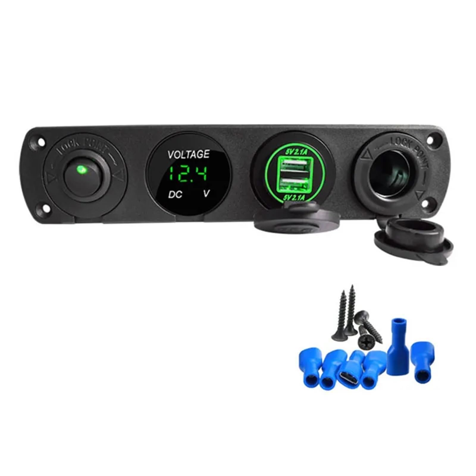 4-in-1-Auto-Zigarettenanzünder mit Wippschalter, 12-V-Steckdose, Dual-USB-Ladegerät, staubdicht, wasserdicht, digitales Voltmeter(Green) von Bieqiair