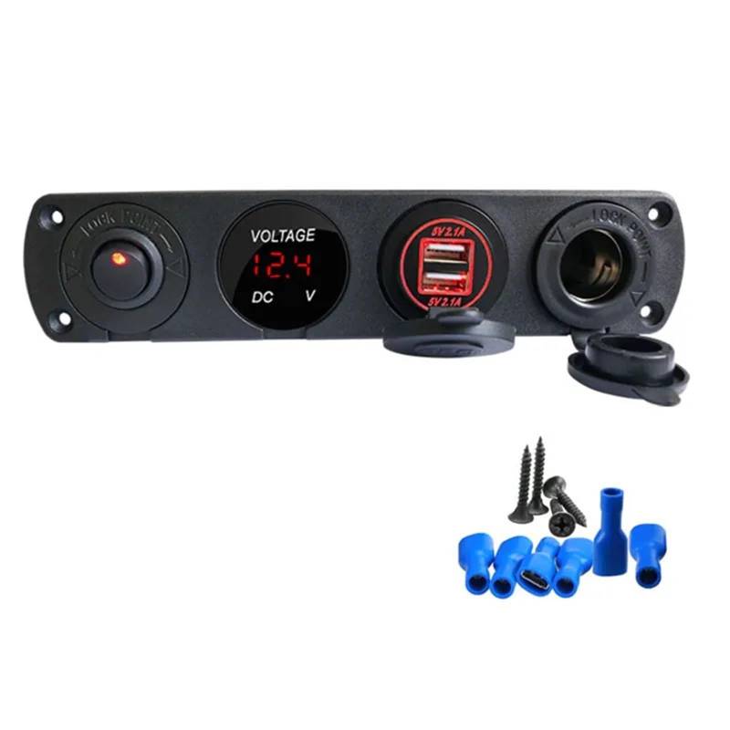 4-in-1-Auto-Zigarettenanzünder mit Wippschalter, 12-V-Steckdose, Dual-USB-Ladegerät, staubdicht, wasserdicht, digitales Voltmeter(Red) von Bieqiair