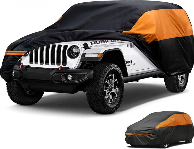 Big Ant Autoabdeckung für Jeep Wrangler 2 Tür, wasserdichte Vollgarage mit Reißverschluss, 210D Oxford Stoff Auto Abdeckplane für CJ, YJ, TJ und JK 2 Tür - Schwarz丨Orange von Big Ant