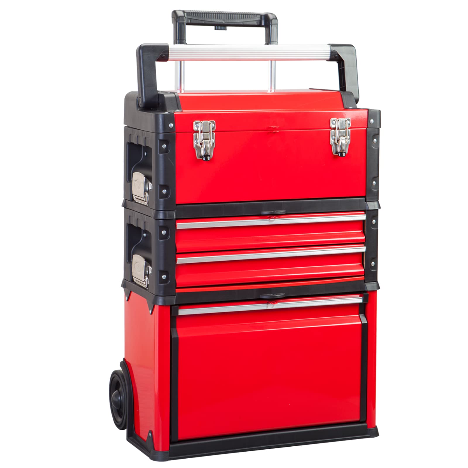 BIG RED TRJF-C305ABD Torin Werkstatt-Organizer: Tragbarer Stahl und Kunststoff, stapelbar, aufrechter Rollwagen, Werkzeugkoffer mit 3 Schubladen, Rot von Big Red