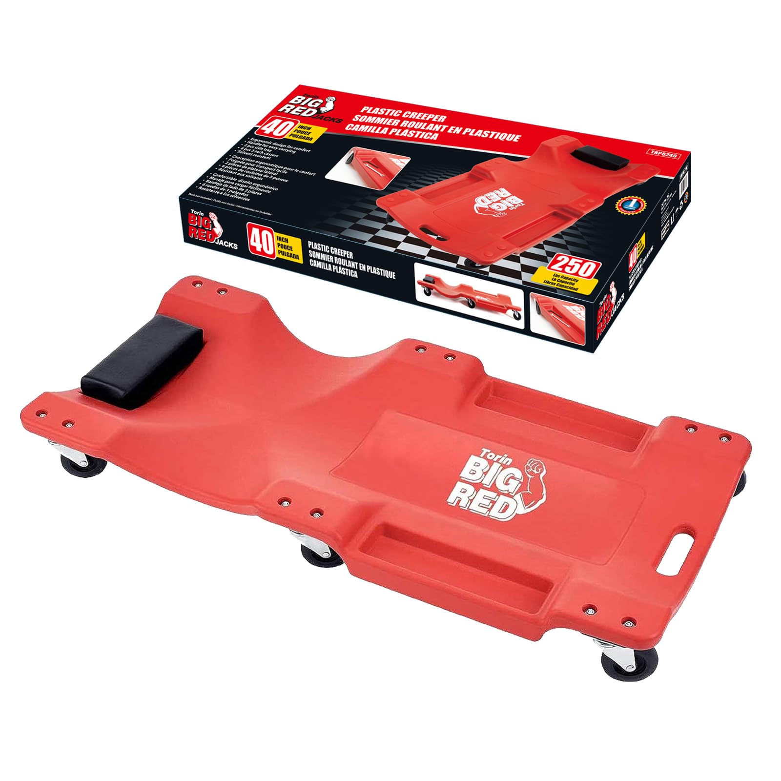 Torin TRP6240 6 Wheel Rolling Creeper Garage/Shop Bench: Plastic Mechanic Cart with Padded Headrest, Red von Big Red