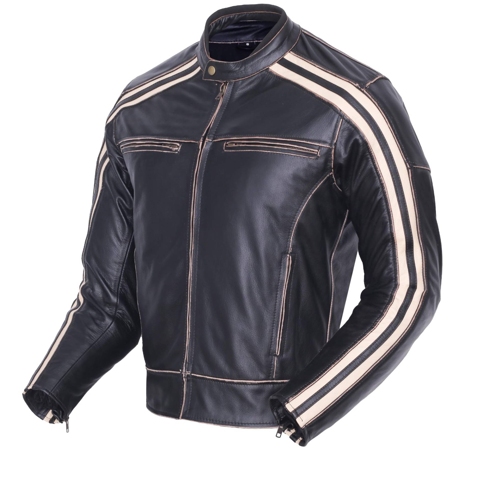 Retro-Motorrad-Jacke „The Bonnie“, Farbe: Schwarzer Kaffee, Rennjacke, 100% Rindsleder, mit CE-Armour-Protektor, elfenbeinfarbene Streifen von Bikers Gear Australia