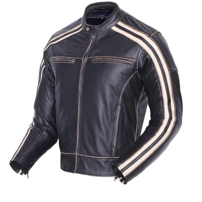 Retro Schwarz Cafe Racer die Bonnie 100% Bovine Leder Motorrad-Jacke CE Armoured – Elfenbein Streifen Gr. XL, Schwarz - Schwarz von Bikers Gear