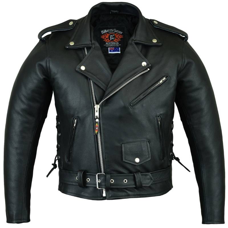 Bikers Gear Australian Stone Washed Rindsleder Leder Classic Brando Motorrad Jacke, Schwarz, Größe 6 X L von Bikers Gear