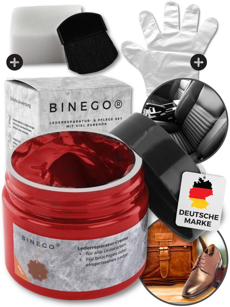 Binego® Lederreparaturset Leder & Kunstleder Reparatur Set | Lederreparatur Flüssigleder Lederfarbe Reparieren Reparaturset Aufbereitung | Farbe Rot von Binego