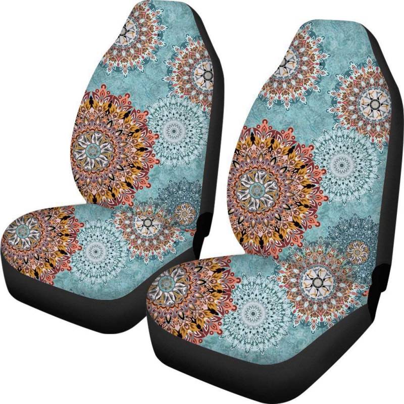 Binienty Auto-Innenzubehör, Auto-Dekor-Sitzbezüge für Vordersitze, 2 Packungen, buntes Mandala-Blumendesign, Boho-Stil von Binienty