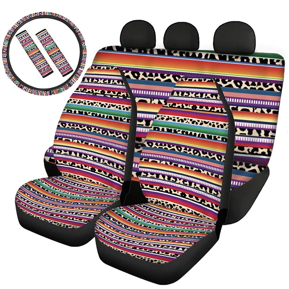 Binienty Auto-Sitzbezüge für vorne und hinten, mit Stretch-Lenkradbezug und bequemen Gurtpolstern, Regenbogen-gestreiftem Serape-Leoparden-Design, 7-teiliges Set von Binienty