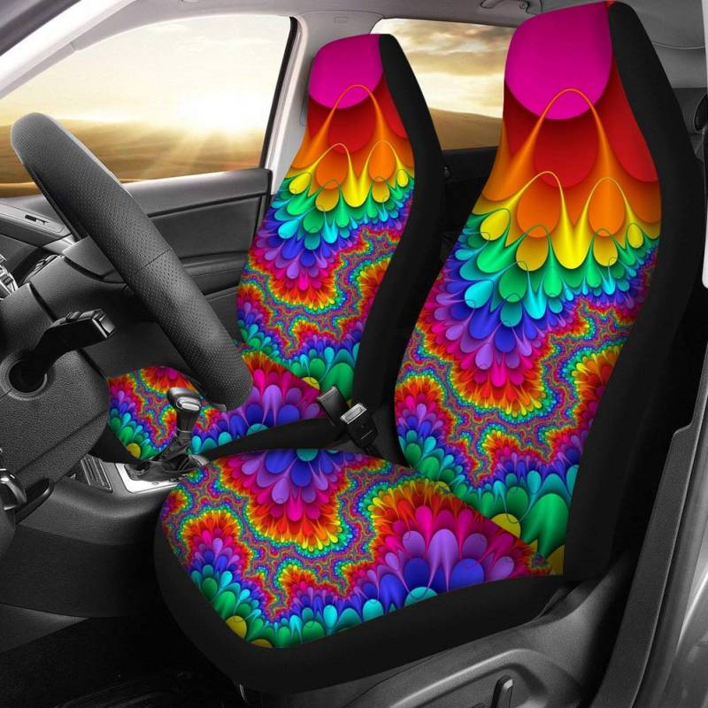 Binienty Auto-Vordersitz-Kissenbezug, 2-teiliges Set, Regenbogen-Boho-Batikdruck, strapazierfähiger Schalensitzschutz, passend für LKWs, SUVs, Limousinen von Binienty