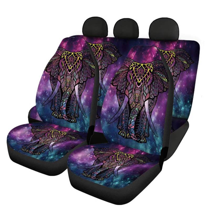 Binienty Autositzbezüge Zubehör 4er Set, Galaxy Tribal Hippie Elefant Print, Auto Vordere Rücksitzschoner Bezug Matten, passend für die meisten Limousinen, SUVs, LKWs von Binienty