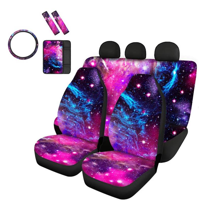 Binienty Autositzbezüge mit Lenkradbezug + Armlehnenkissen + Sicherheitsgurt-Pads, 8-teiliges Set, Nebula Galaxy Space Print von Binienty