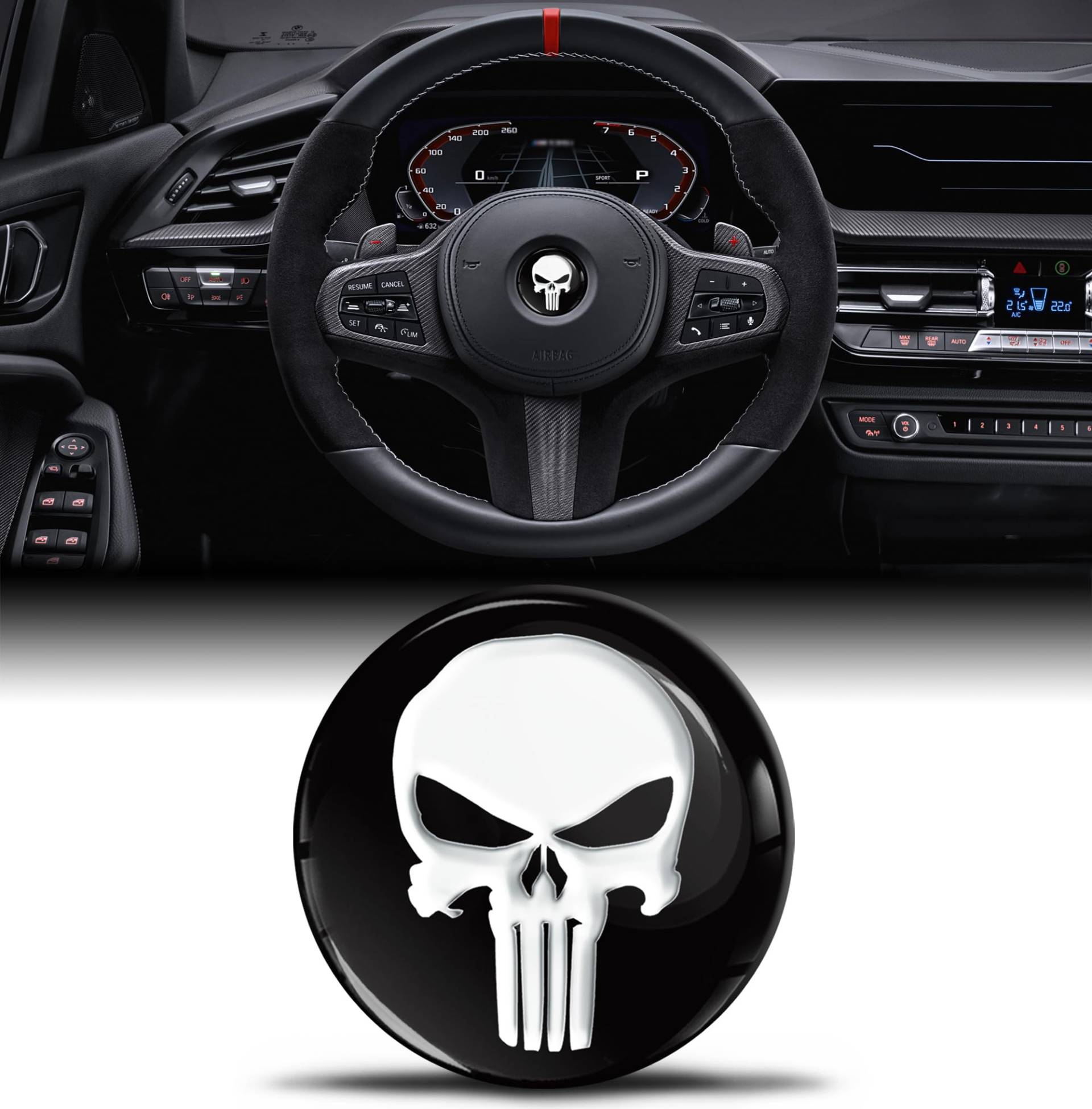 3D-Silikon-Aufkleber Kompatibel mit BMW 36131181082 Emblem Lenkrad 45mm Badge Zubehör Teile Abziehbilder Lenkrad Dekoration Schwarz Schädel Skull V 3 von Biomar Labs