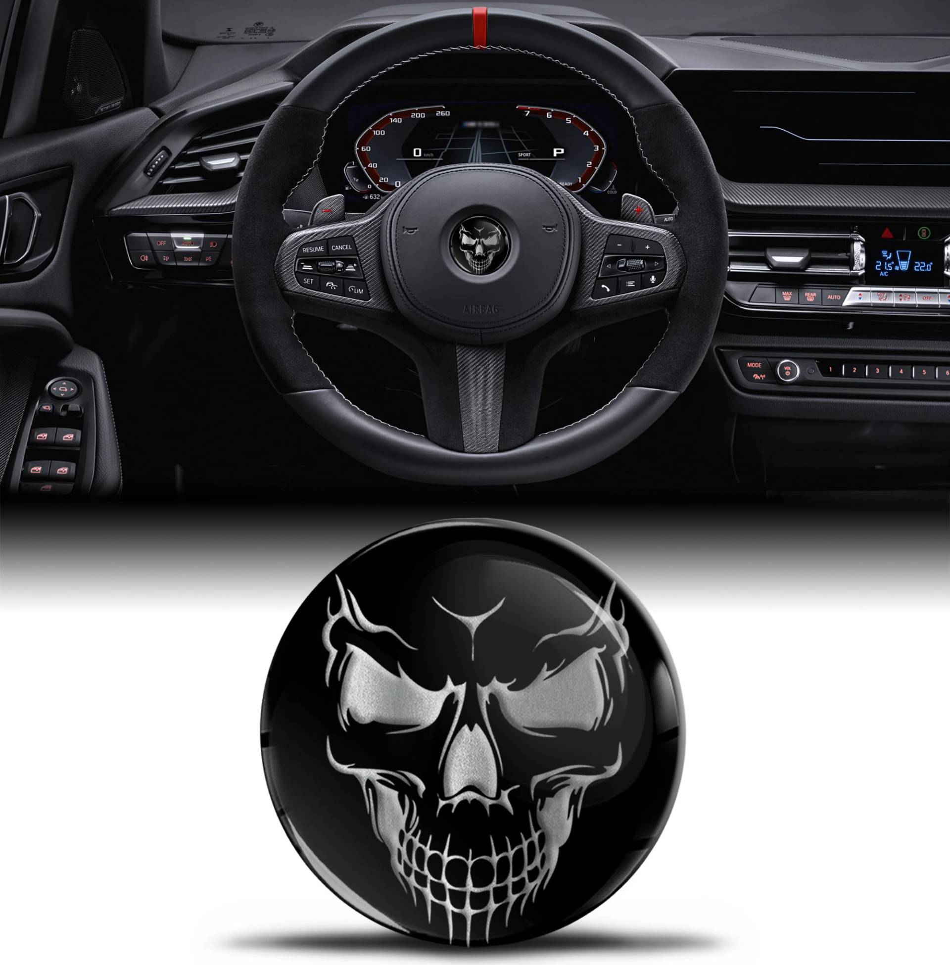 3D-Silikon-Aufkleber Kompatibel mit BMW 36131181082 Emblem Lenkrad 45mm Badge Zubehör Teile Abziehbilder Lenkrad Dekoration Schwarz Totenkopf Silber Schädel Skull V 15 von Biomar Labs