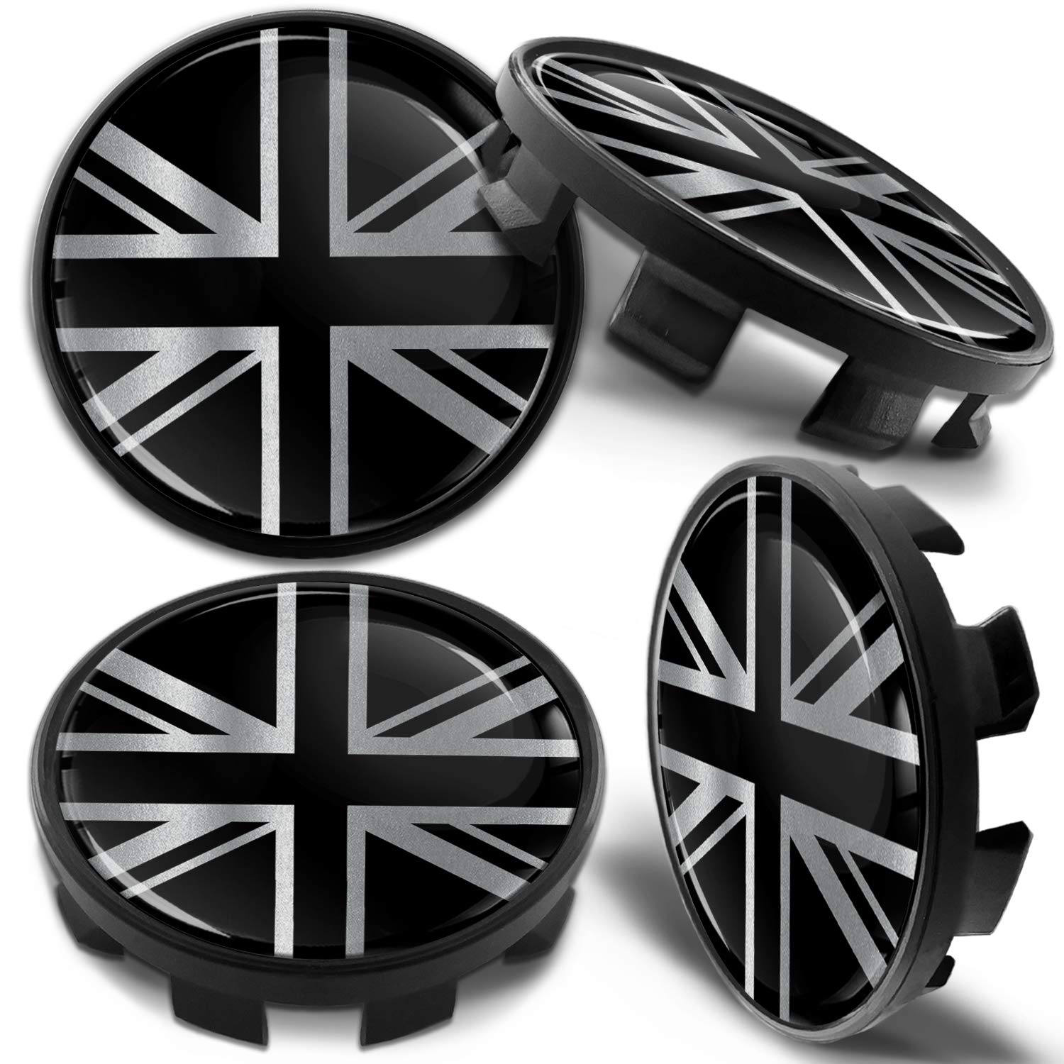 Biomar Labs 4 x 68mm Felgendeckel Nabenkappen Nabendeckel Kappen Radnabendeckel Nabendeckung Radkappen Kompatibel für Artikelnummer 36136783536 Alufelgen Deckel UK Union Jack Flagge Silber CB 29 von Biomar Labs