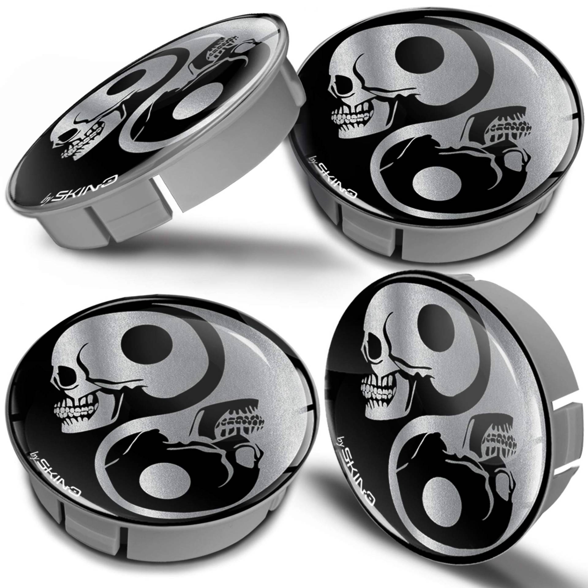 Biomar Labs® 4 x 60mm Kunststoff Nabenkappen Kappen Totenkopf Skull Schädel Yin Yang Symbol Silber Felgendeckel Radkappen Radnabendeckel Nabendeckel Auto Tuning CS 2 von Biomar Labs