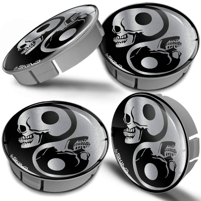 Biomar Labs® 4 x 60mm Kunststoff Nabenkappen Kappen Totenkopf Skull Schädel Yin Yang Symbol Silber Felgendeckel Radkappen Radnabendeckel Nabendeckel Auto Tuning CS 2 von Biomar Labs