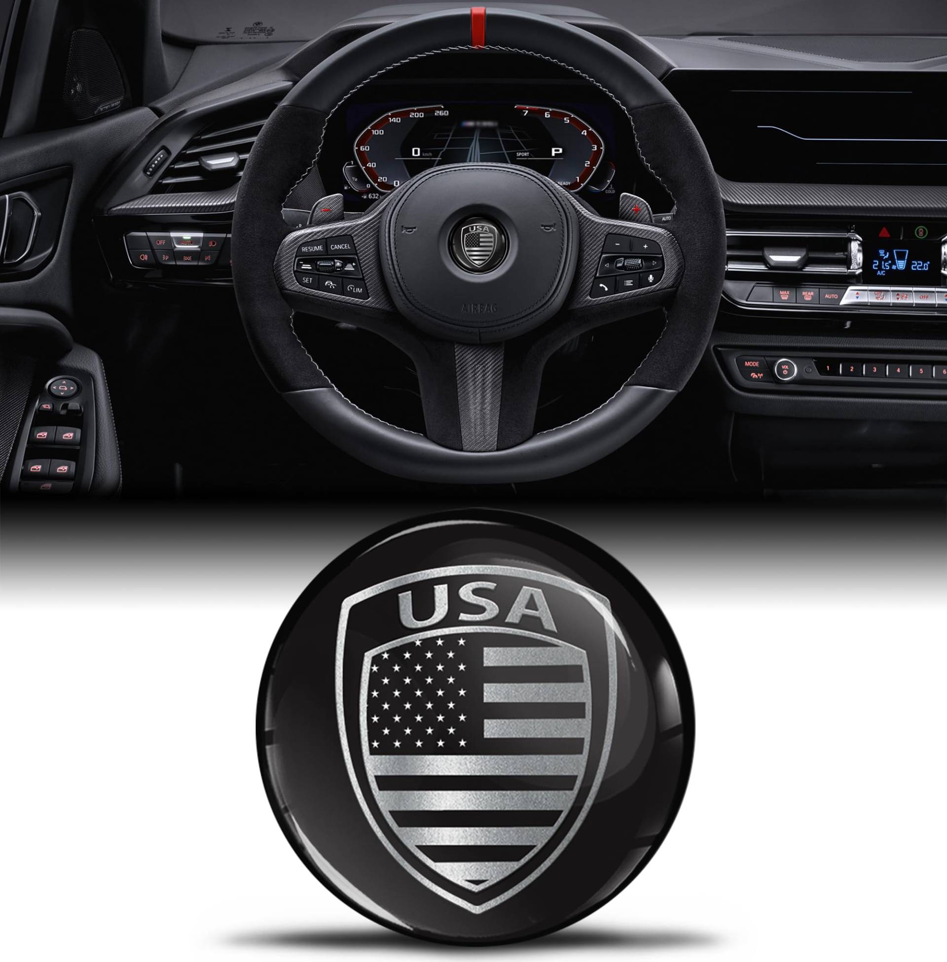 Biomar Labs 3D Silikon Aufkleber Kompatibel mit BMW 36131181082 Emblem Lenkrad 45mm Plakette Zubehör Teile Decals Lenkrad Dekoration USA-Flagge V 4 von Biomar Labs