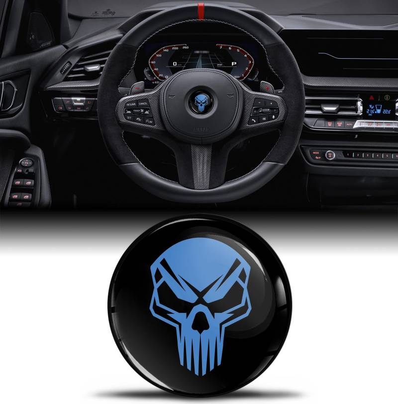 Biomar Labs 3D Silikon Aufkleber Kompatibel mit BMW 36131181082 Emblem Lenkrad 45mm Plakette Zubehör Teile Decals Lenkrad Dekoration Schädel Totenkopf Schwarz Blau V 38 von Biomar Labs