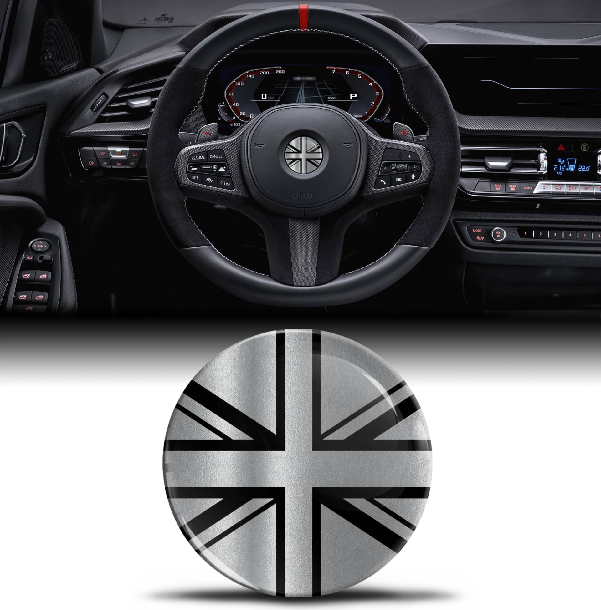 Biomar Labs 3D Silikon Aufkleber Kompatibel mit BMW 36131181082 Emblem Lenkrad 45mm Plakette Zubehör Teile Decals Lenkrad Dekoration Silber Britische Flagge V 22 von Biomar Labs