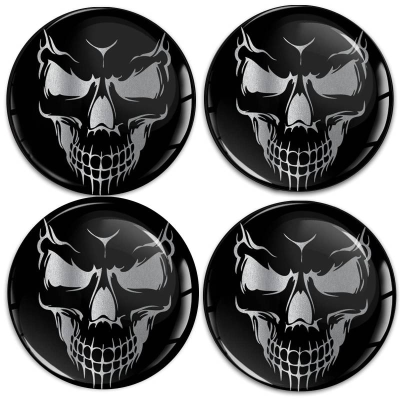 Biomar Labs 4 x 45mm 3D-Silikon-Aufkleber Emblem Lenkrad Für Radkappen Nabenkappen Radnabendeckel Rad-Aufkleber Nabendeckel Schädel Silber Skull V 15 von Biomar Labs