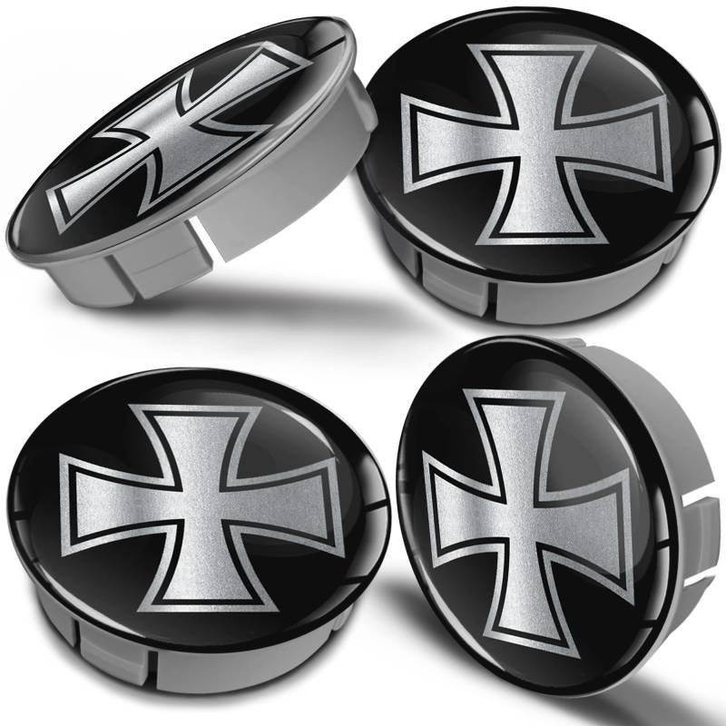 Biomar Labs 4 x 60mm Kunststoff Nabenkappen Kappen Schwarz Silber Eisernes Kreuz Felgendeckel Radkappen Radnabendeckel Nabendeckel Auto Tuning CS 21 von Biomar Labs